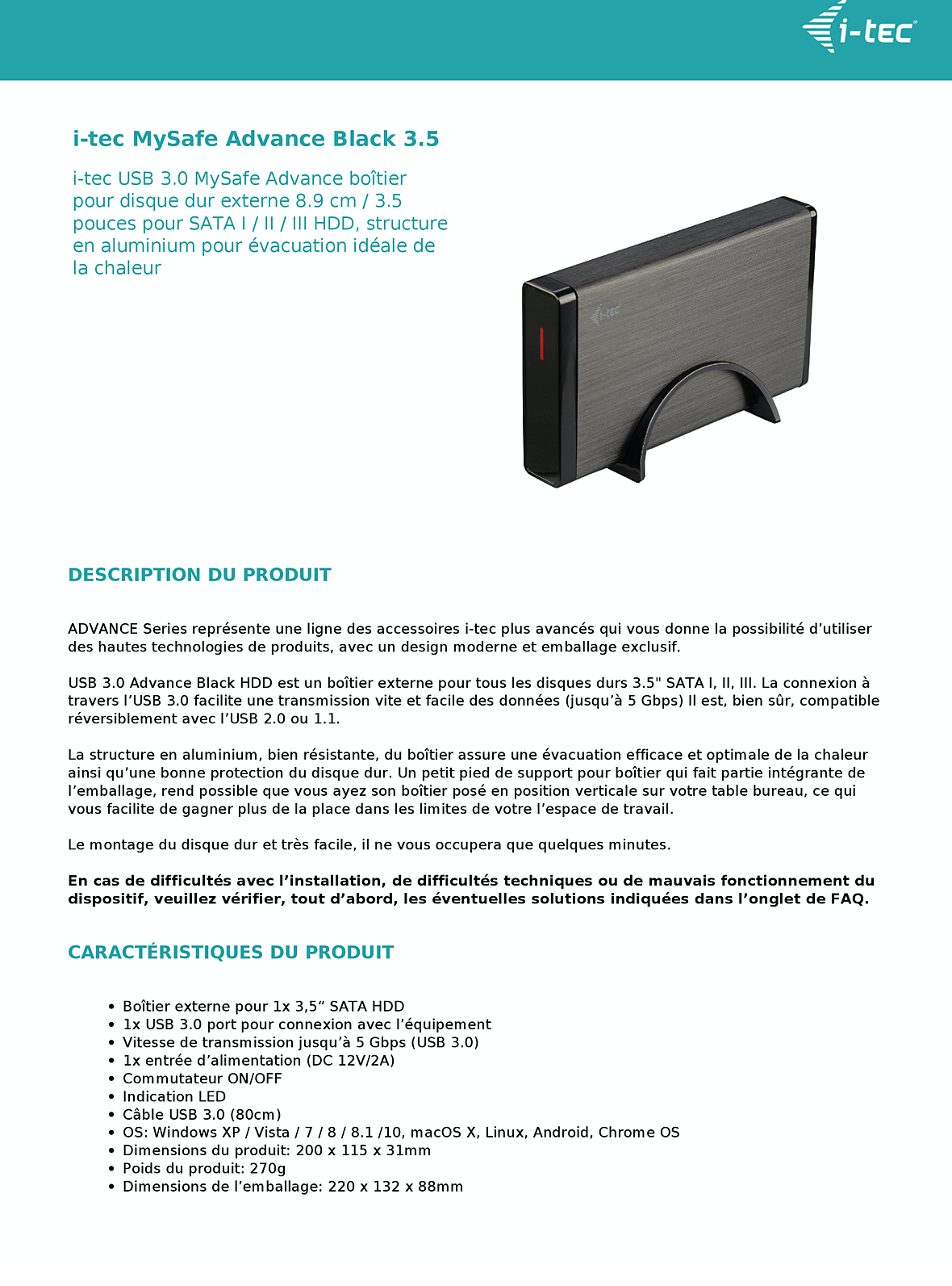 Acheter Boîtier externe i-tec MySafe pour 1x 3.5“ SATA HDD - USB 3.0 - (MYSAFE35U401) Maroc