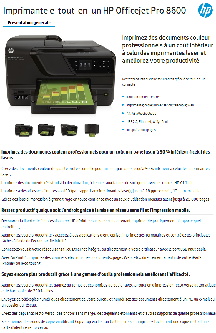 Acheter Imprimante e-tout-en-un HP Officejet Pro 8600 (CM749A) Maroc
