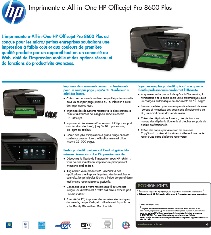 Imprimante e-All-in-One HP Officejet Pro 8600 Plus (CM750A) prix Maroc