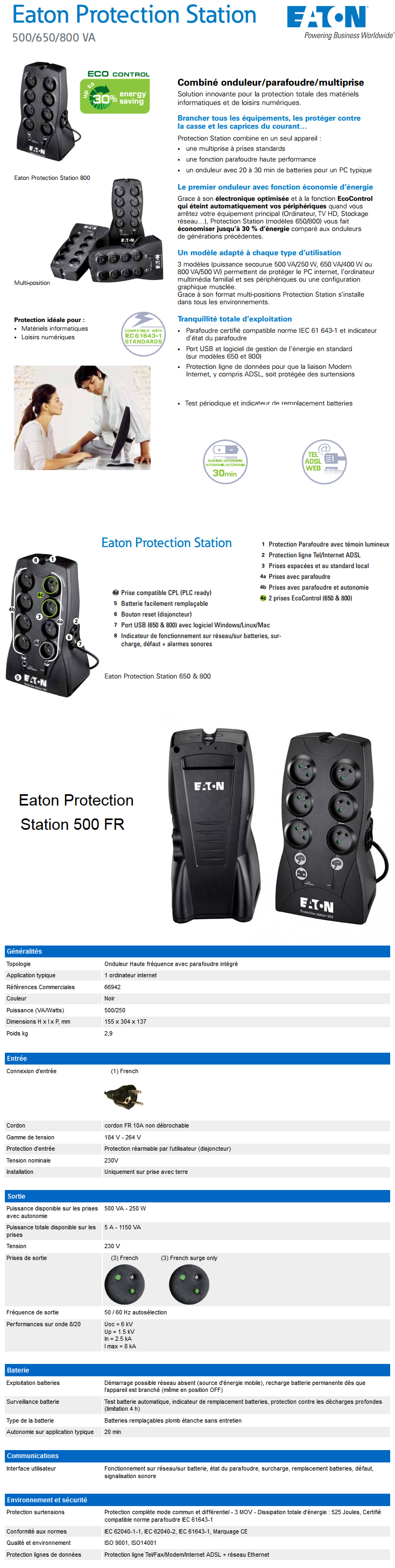 Onduleur Multiprise OFF-Line Eaton Protection Station 650 VA USB FR