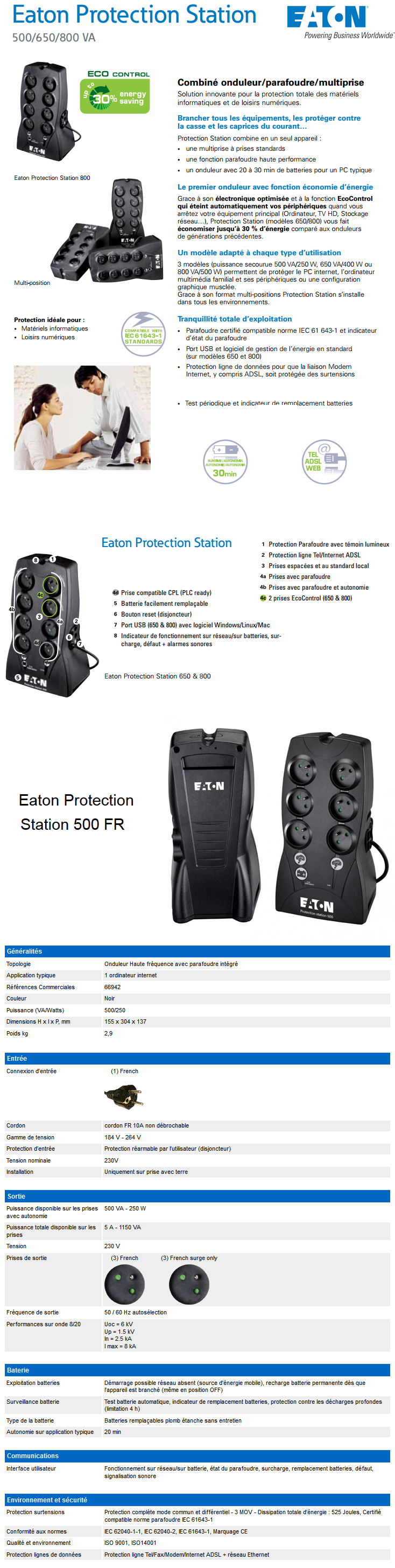 Acheter Onduleur Off-line Eaton Protection Station 500 FR (66942) Maroc