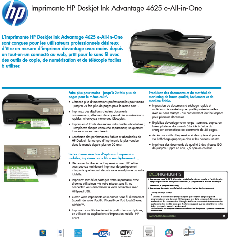 Acheter Imprimante HP Deskjet Ink Advantage 4625 e-All-in-One (CZ284C) Maroc