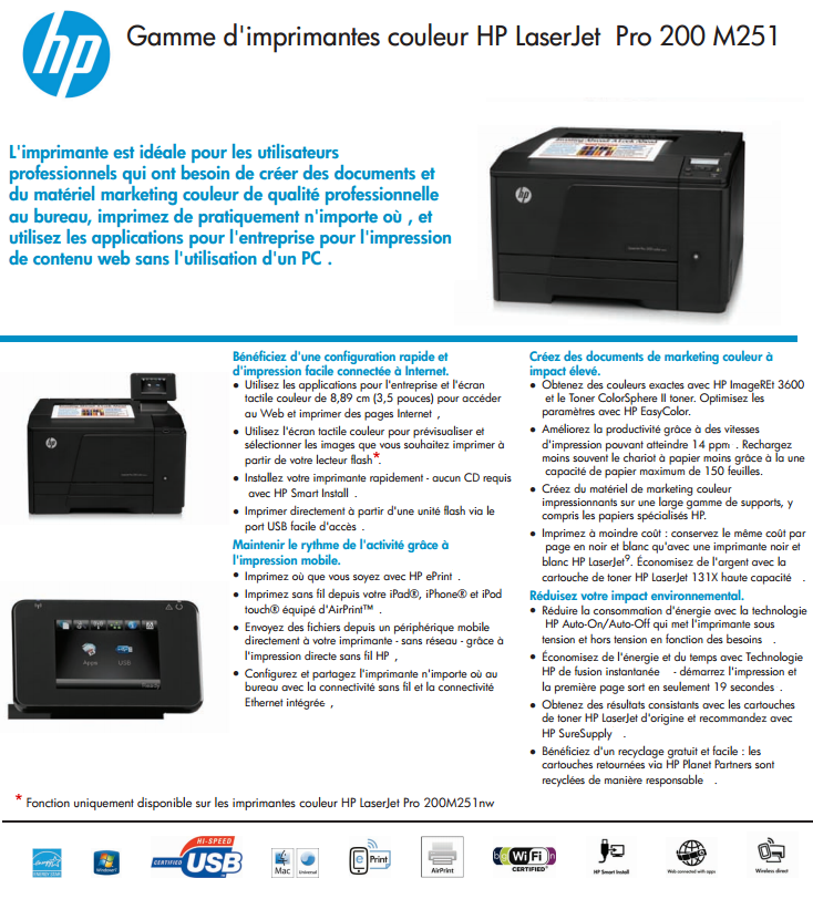 Acheter Imprimante couleur HP LaserJet Pro 200 M251nw (CF147A) Maroc