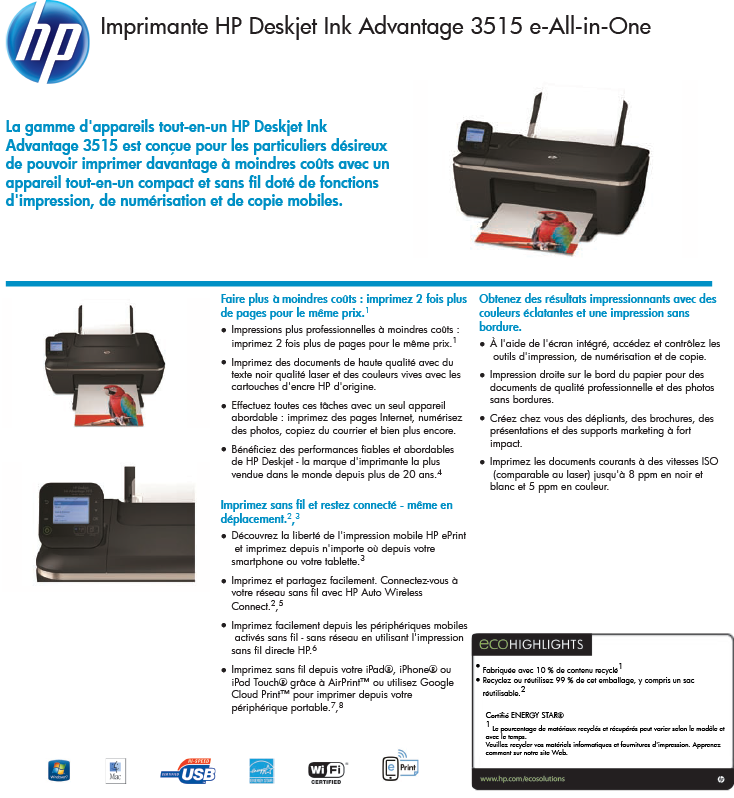 Acheter Imprimante HP Deskjet Ink Advantage 3515 e-All-in-One (CZ279C) Maroc