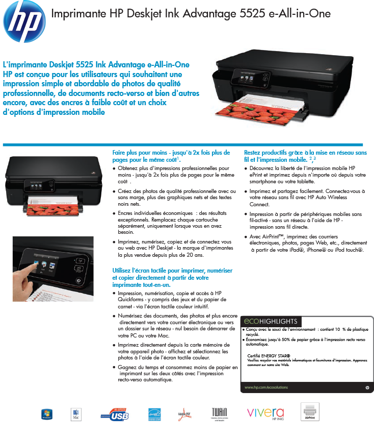 Acheter Imprimante HP Deskjet Ink Advantage 5525 e-All-in-One (CZ282C) Maroc