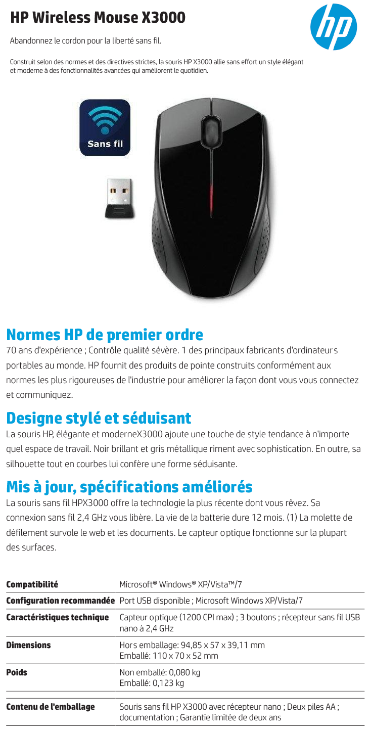 Souris HP Sans Fil 200 (X6W31AA)