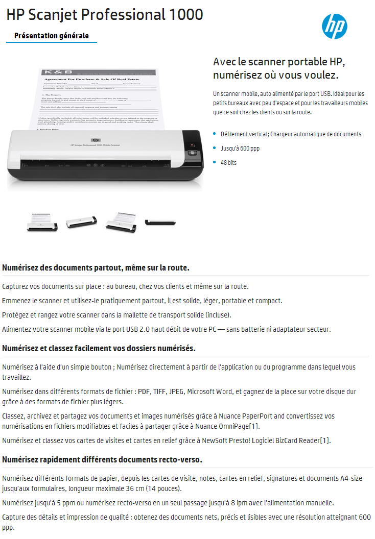 Acheter Scanner mobile HP Scanjet Professional 1000 (L2722A) Maroc
