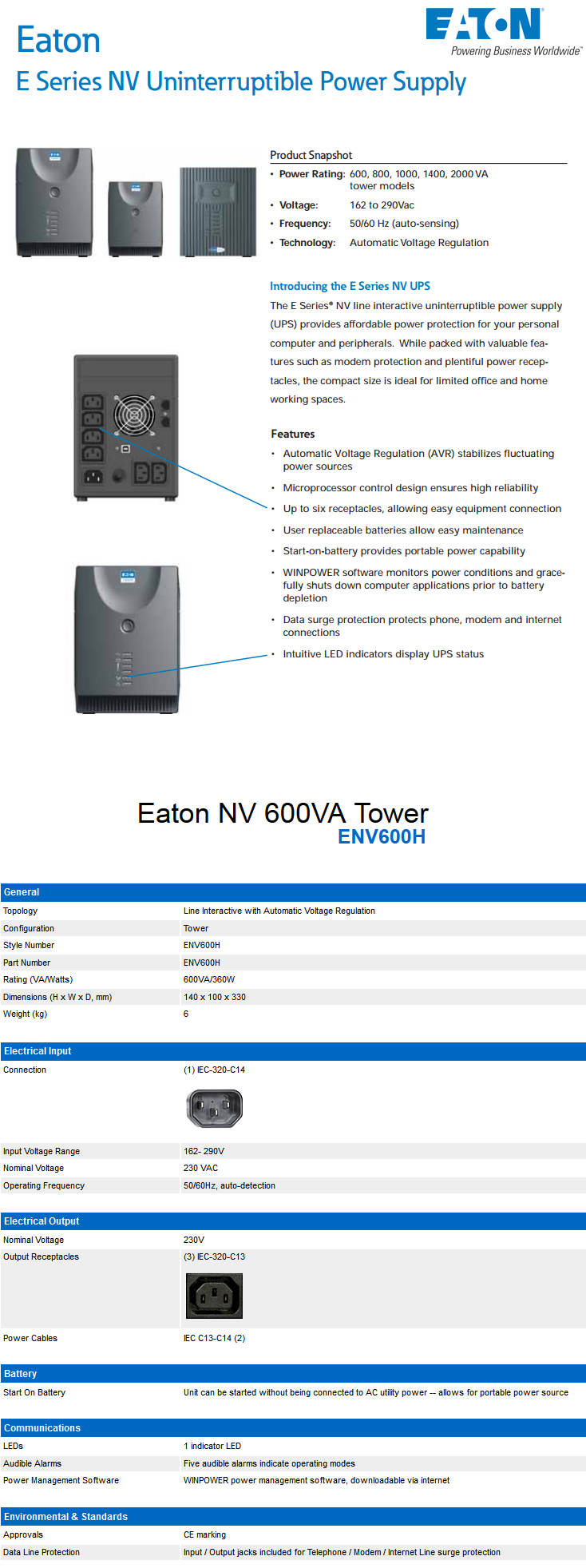 Acheter Onduleur Line interactive Eaton NV 600VA Tower (ENV600H) Maroc