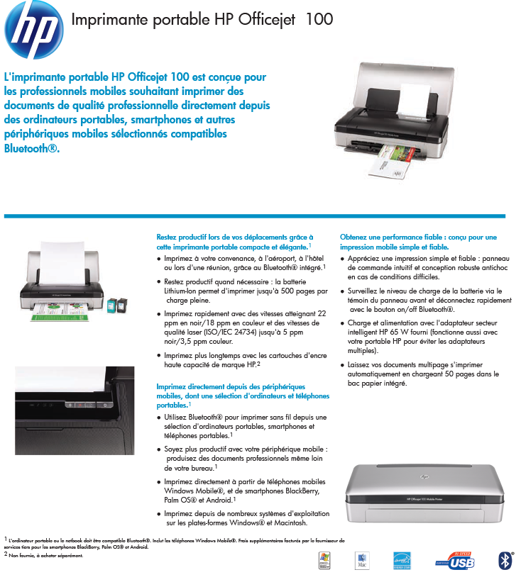 Acheter Imprimante Jet d'encre Portable HP Officejet 100 (CN551A) Maroc