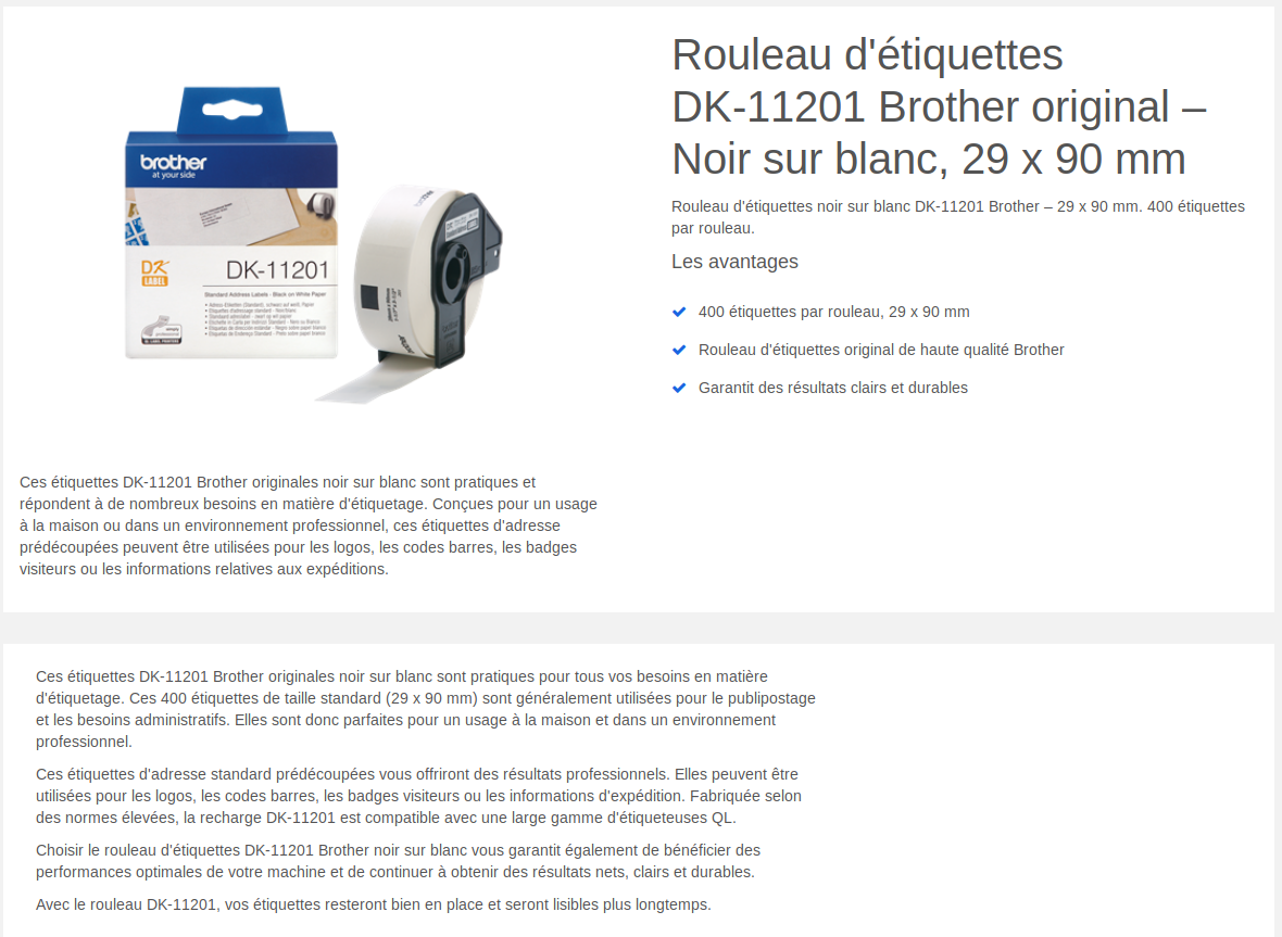 Acheter Étiquettes Brother d'adressage standard 29x90 mm (400 étiquettes par rouleau) (DK11201) Maroc