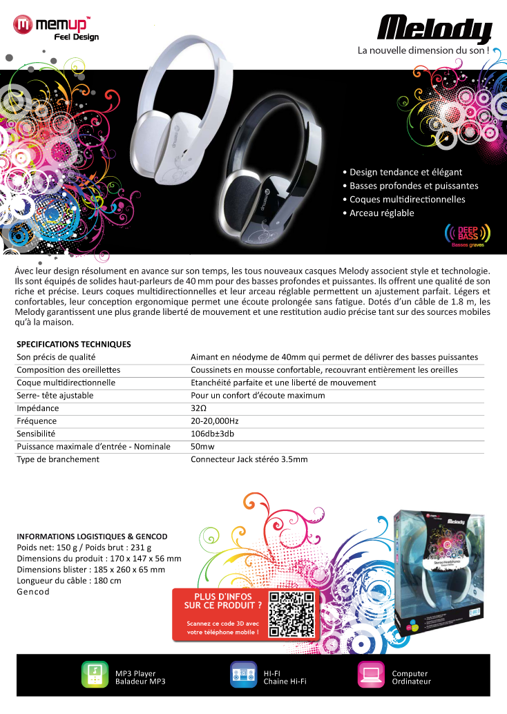 Acheter Casque filaire Memup MELODY - Jack stéréo 3.5 mm Maroc