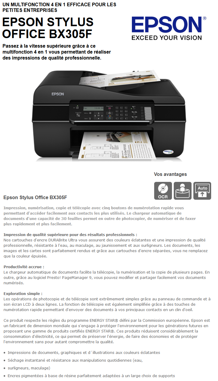 Acheter Imprimante multifonction jet d'encre 4 en 1 Epson Stylus Office BX305F (C11CA79302) Maroc
