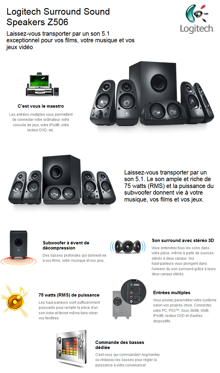 Acheter Logitech Speaker System Z506 - 5.1 compatible PS3 / Xbox 360 / Wii et iPod (980-000431) Maroc