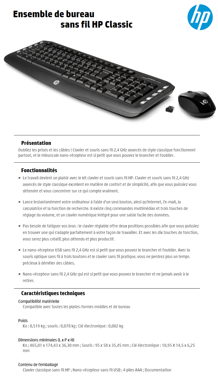Acheter Kit HP clavier et souris sans fil (LV290AA) Maroc