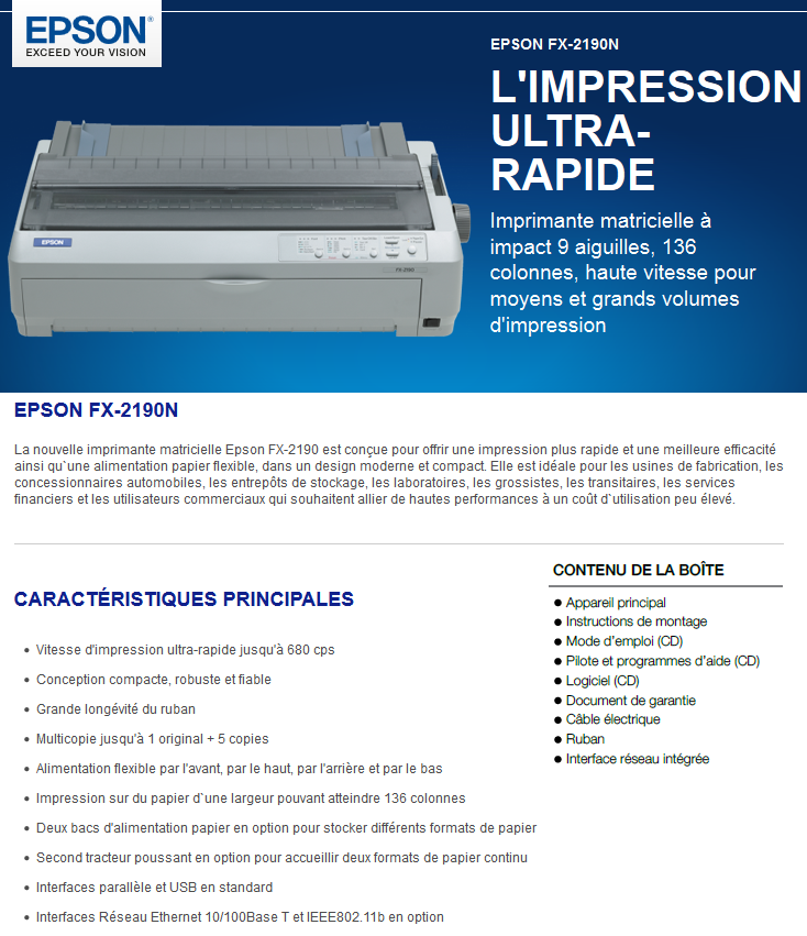 Acheter Imprimante matricielle à impact Epson FX-2190N (C11C526022A0) Maroc