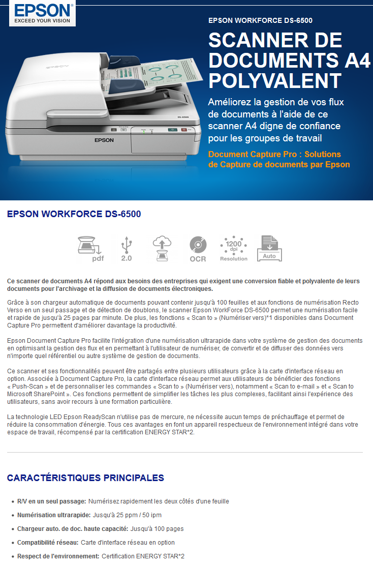 Acheter Scanner Epson WorkForce DS-6500 (B11B205231) Maroc