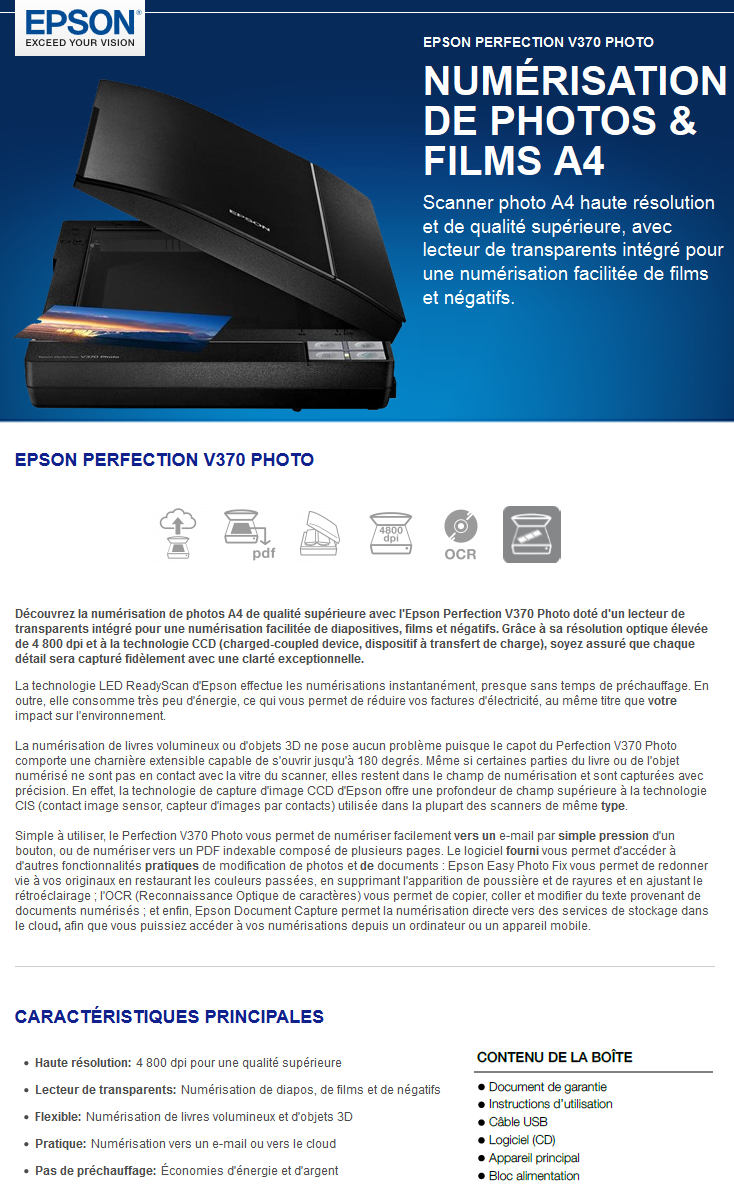 Acheter Scanner photos & films haute résolution Epson perfection V370 (B11B207312) Maroc