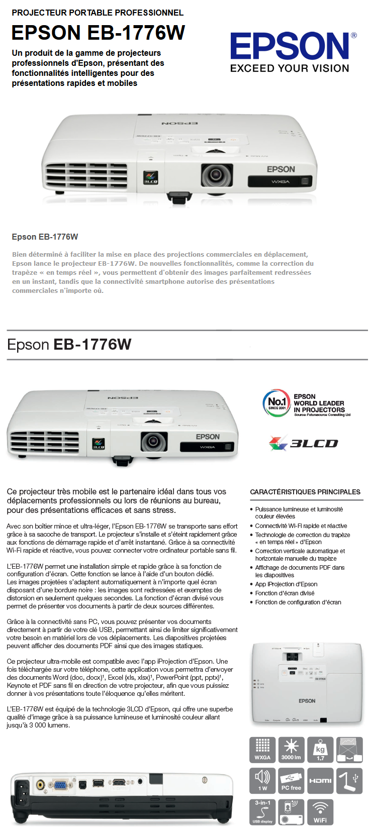 Acheter Projecteur portable Wi-Fi professionnel EPSON EB-1776W (V11H476040) Maroc