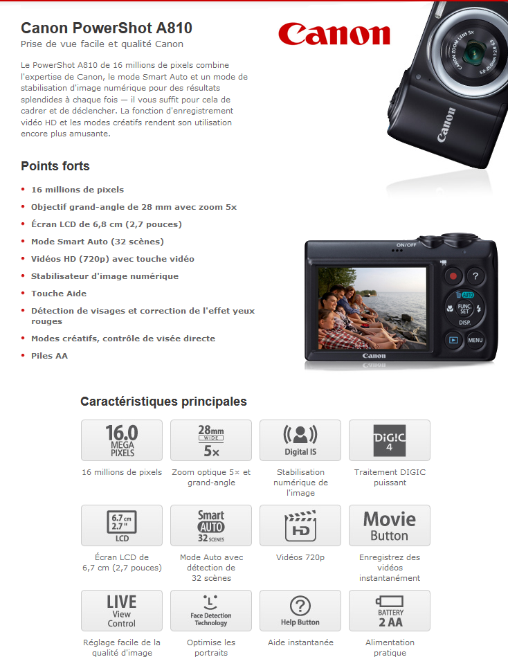 Acheter Appareil photo Canon PowerShot A810 16MP/5X + Etui, SD et Chargeur de piles offerts Maroc