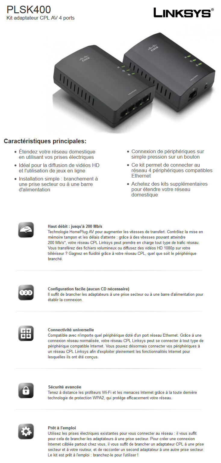Acheter Linksys PLSK400 Kit adaptateur CPL AV 4 ports Maroc