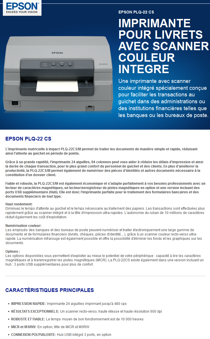 Acheter Imprimante matricielle à impact avec scanner couleur intégré Epson PLQ-22 CS (C11CB01001) Maroc