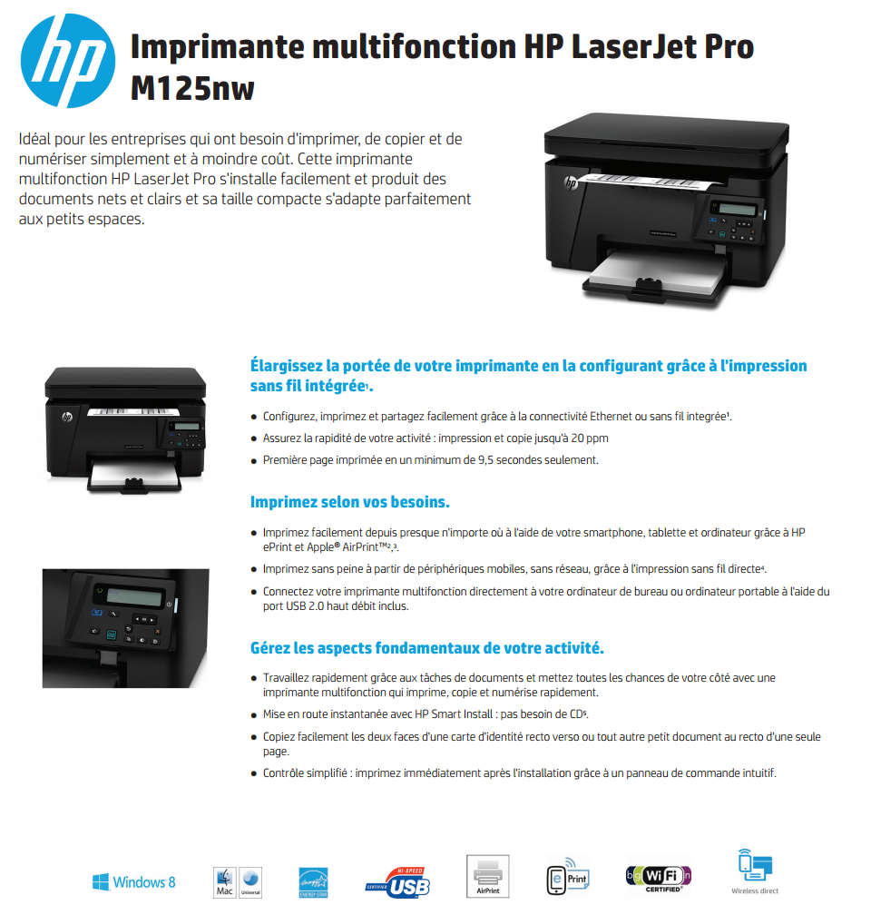 Acheter Imprimante Wi-Fi multifonction Noir HP LaserJet Pro M125nw (CZ173A) Maroc
