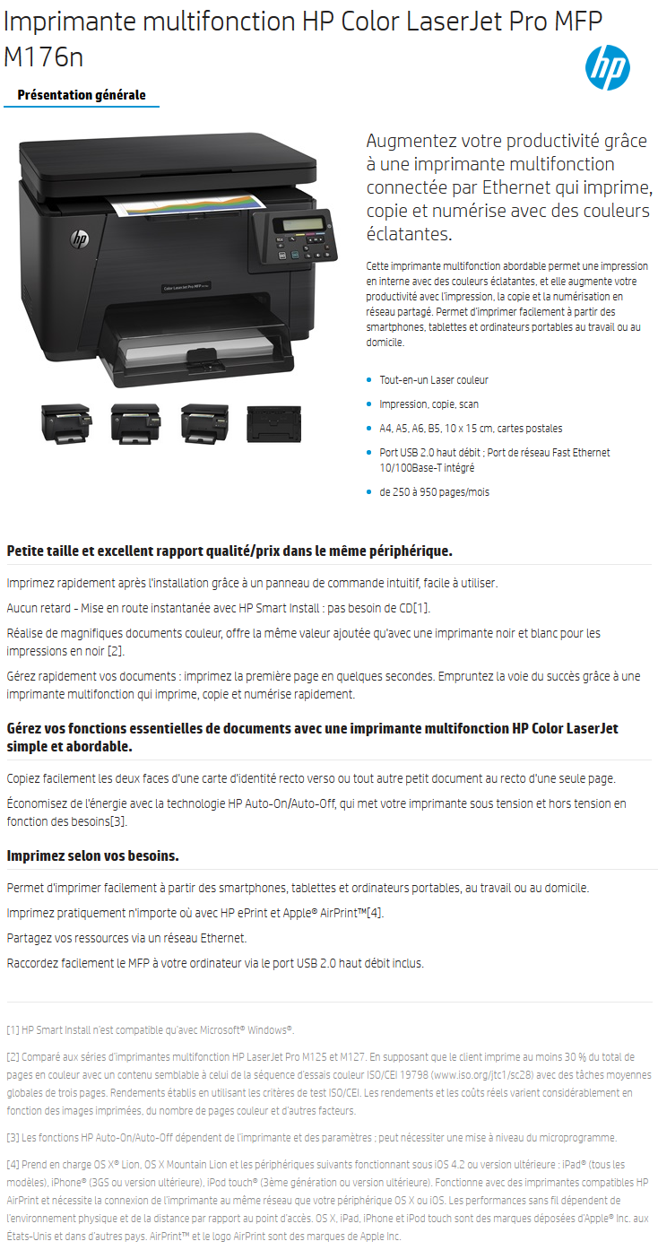 Acheter Imprimante multifonction HP Color LaserJet Pro MFP M176n (CF547A) Maroc