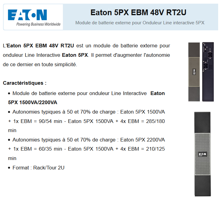 Acheter Batterie externe 5PX EBM 48V RT2U pour Onduleur Eaton 5PX Maroc