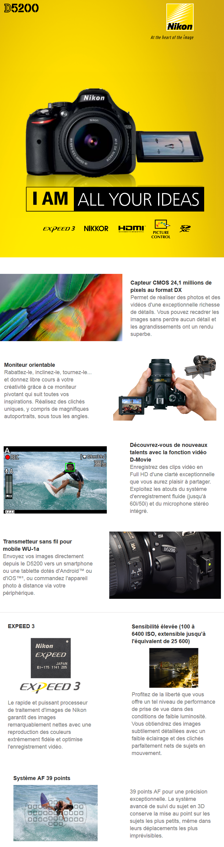 Acheter Reflex Nikon D5200 + Objectif AF-S DX Nikkor 18-55mm f/3.5-5.6G VR Maroc