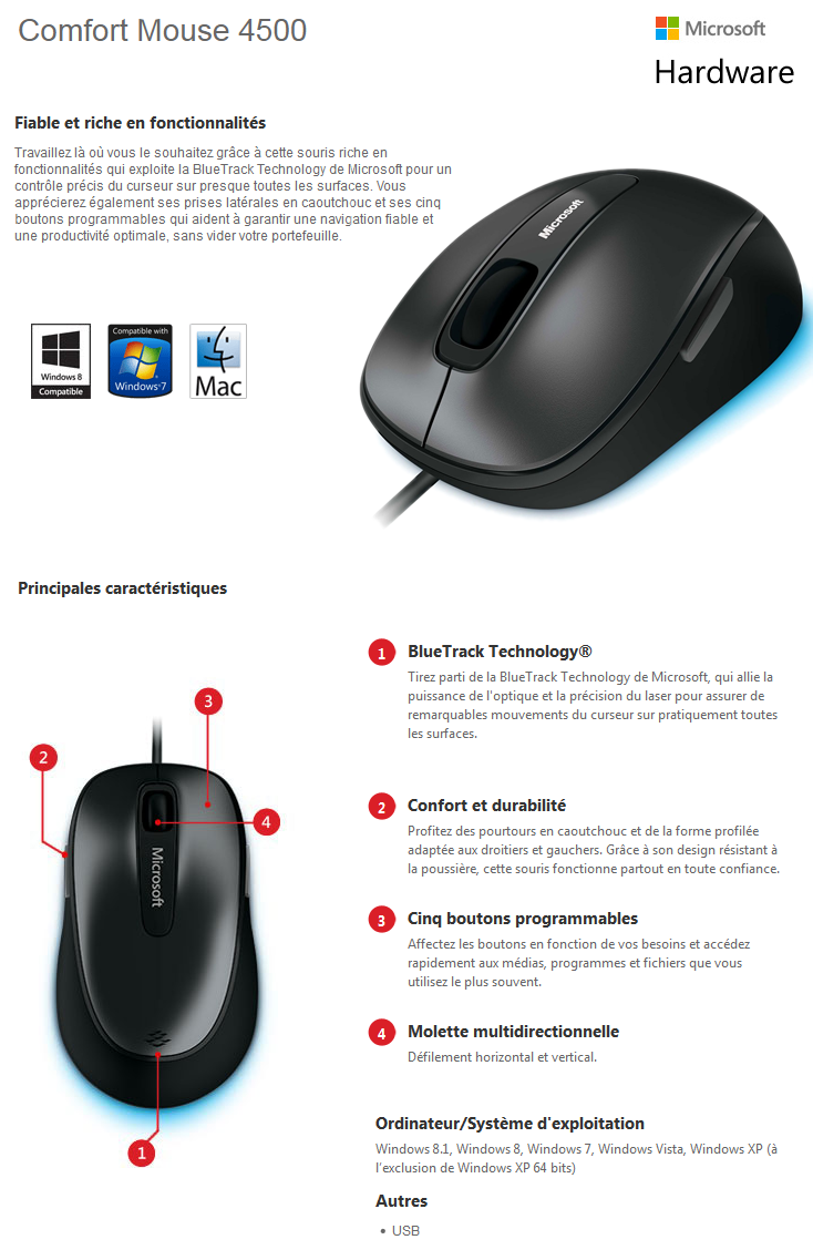Souris Microsoft Comfort Mouse 4500 (4FD-00024) prix Maroc