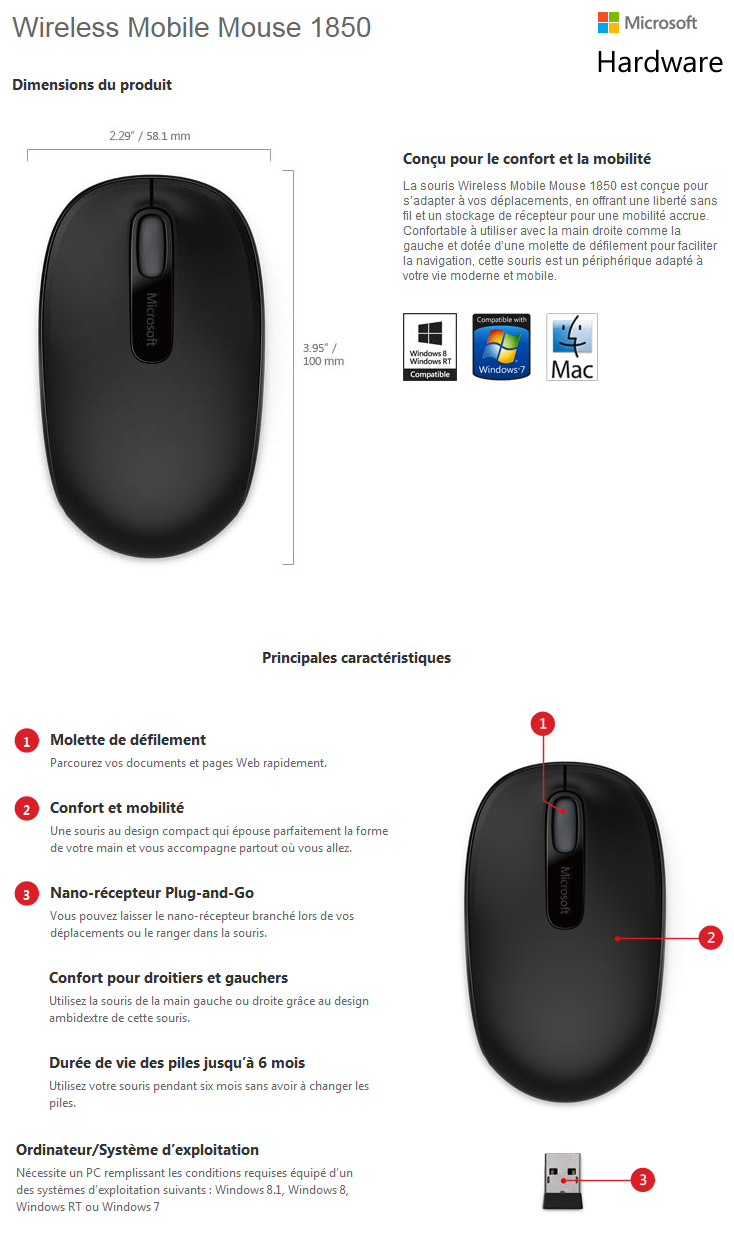 Acheter Souris Microsoft Wireless Mobile Mouse 1850 - Noir (U7Z-00004) Maroc