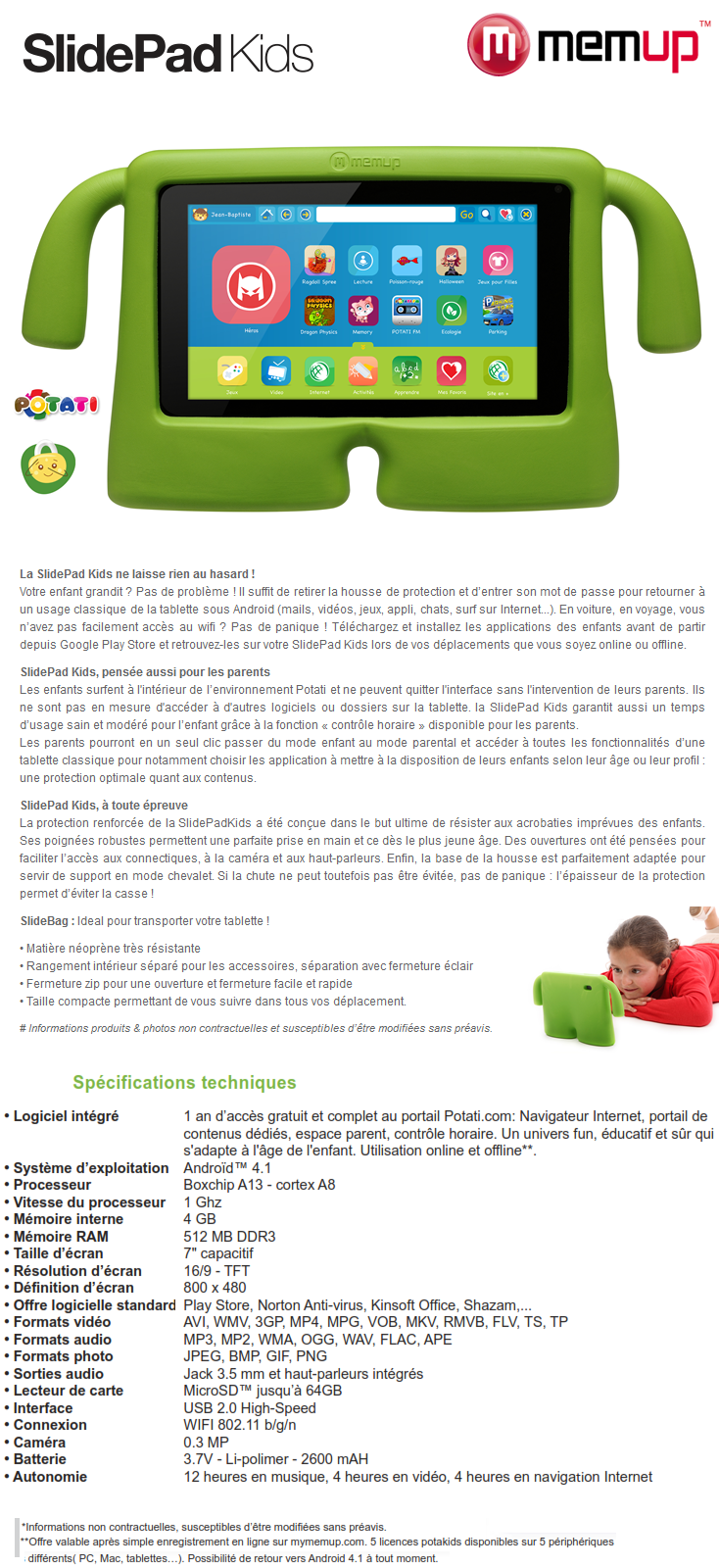 Acheter Tablette 7" Memup SlidePad Kids avec housse en mousse renforcée (SLIDEPAD-KIDS) Maroc