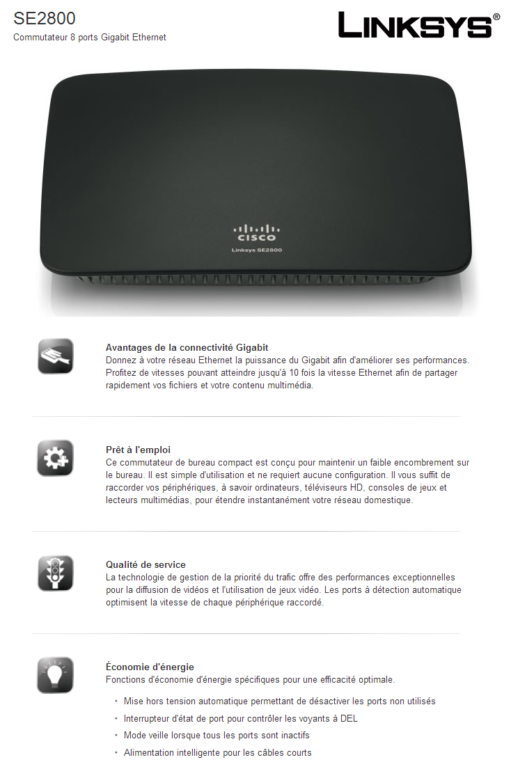 Acheter Switch Non Administrable Linksys SE2800 - 8 ports 10/100/1000 Mbps Maroc