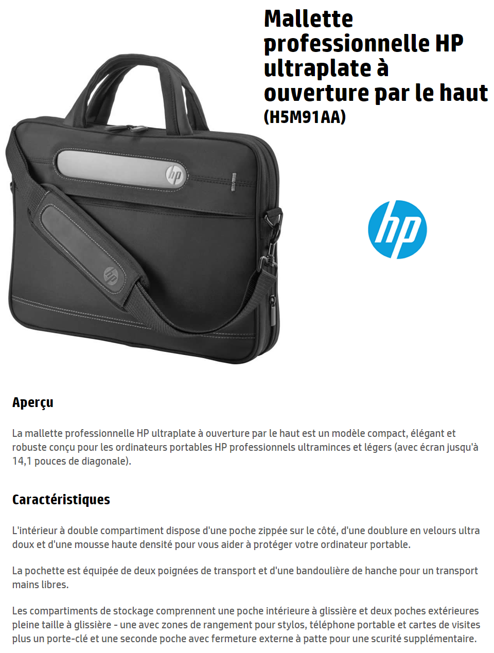 Acheter Mallette professionnelle HP ultraplate à ouverture par le haut 14,1 pouces (H5M91AA) Maroc