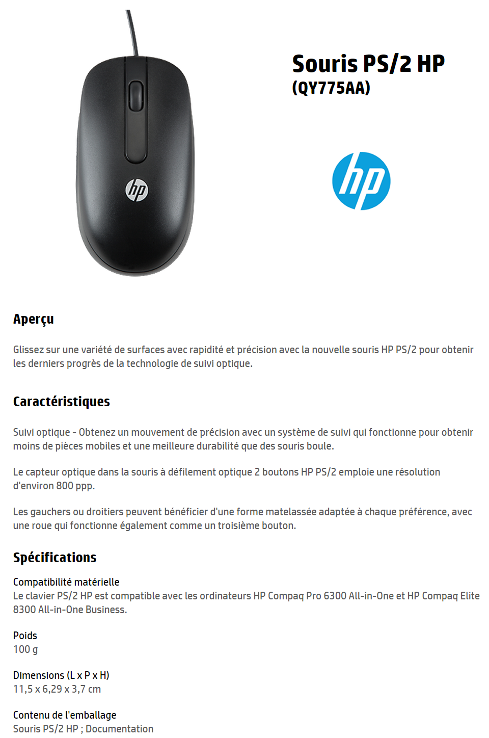 Acheter Souris HP PS/2 (QY775AA) Maroc