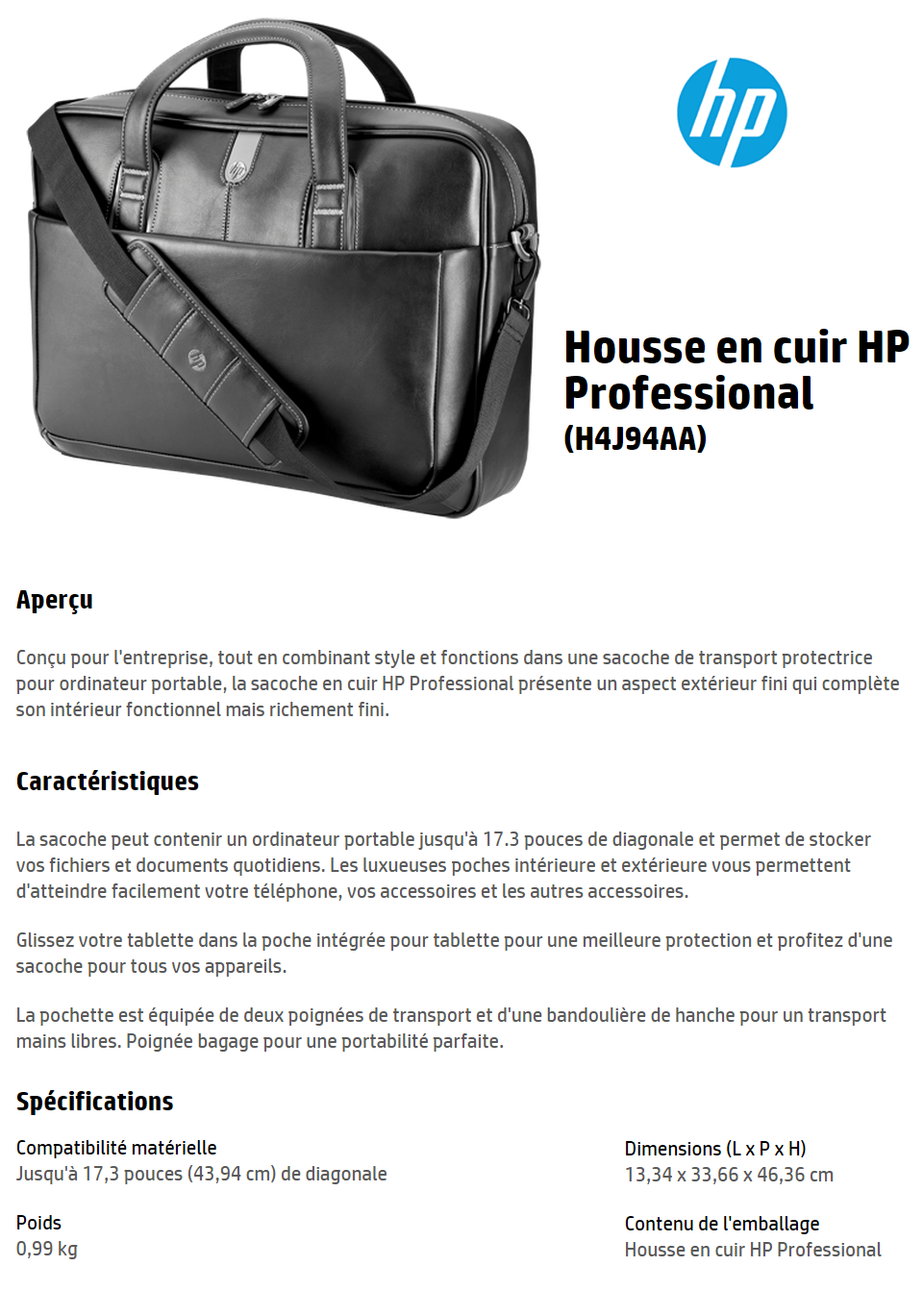 Acheter Sacoche en cuir HP Professional (17,3") (H4J94AA) Maroc