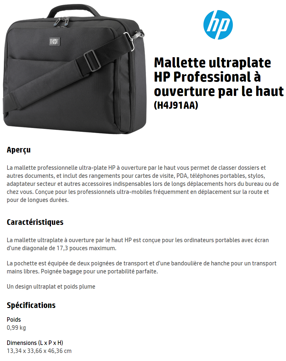 Acheter Mallette ultraplate HP Professional à ouverture par le haut (17,3") (H4J91AA) Maroc