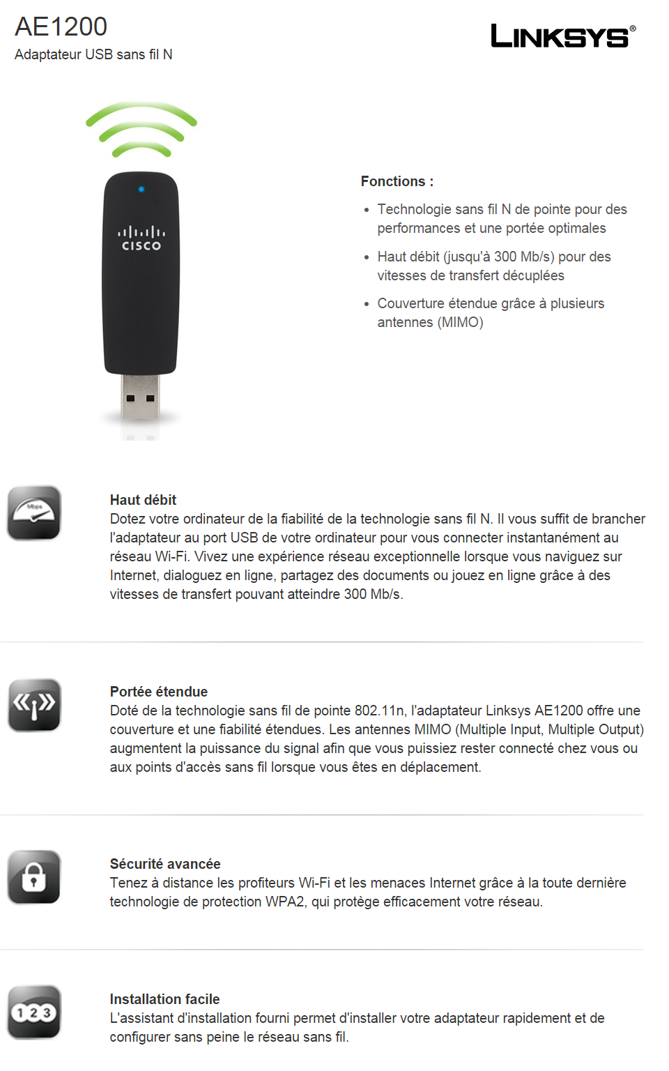 Acheter Adaptateur Linksys Wi-Fi USB sans fil N AE1200 (AE1200-EE) Maroc