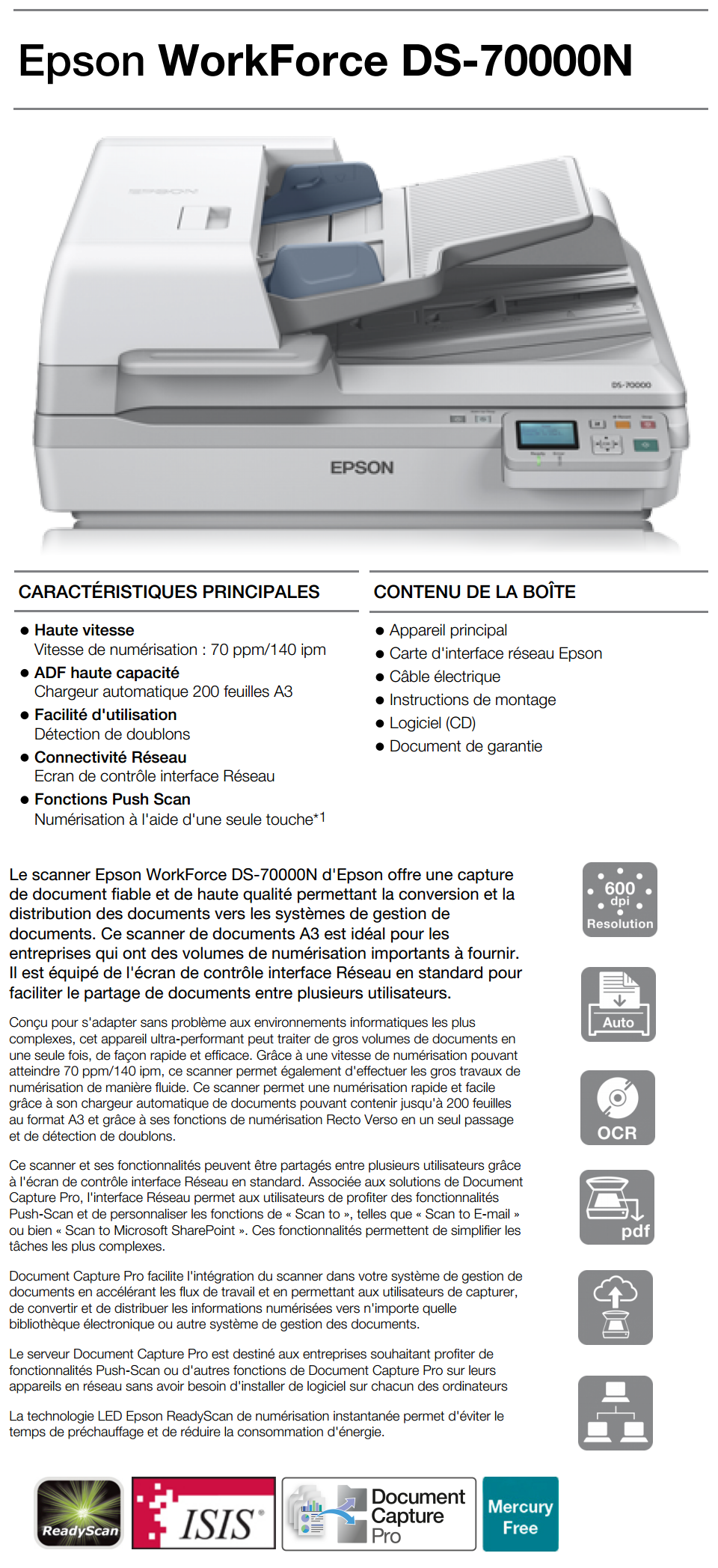 Acheter Scanner A3 Epson WorkForce DS-70000N (B11B204331BT) Maroc