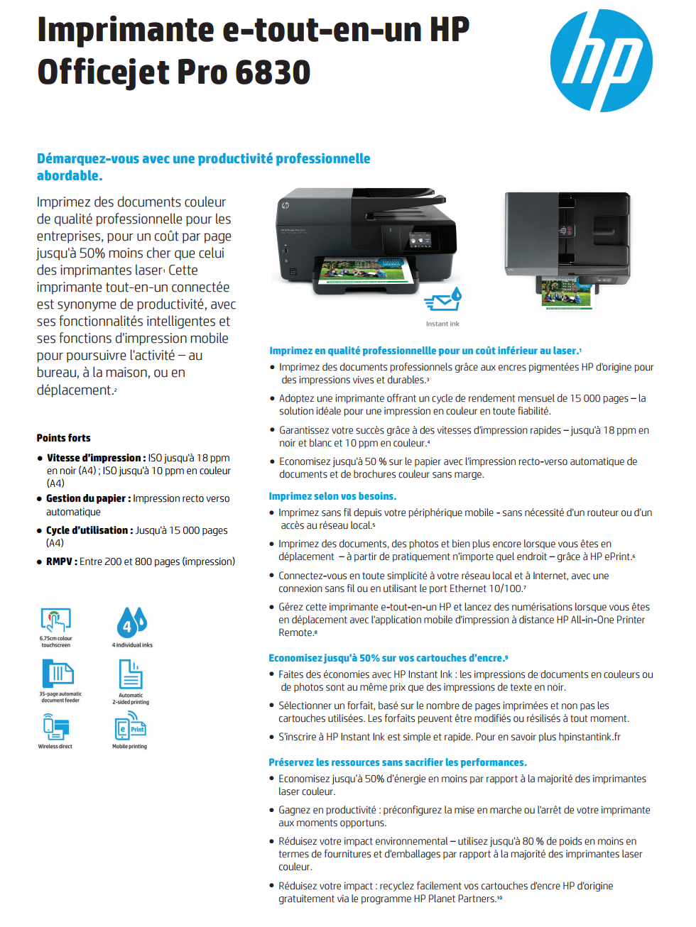 Acheter Imprimante multifonction couleur e-tout-en-un HP Officejet Pro 6830 (E3E02A) Maroc