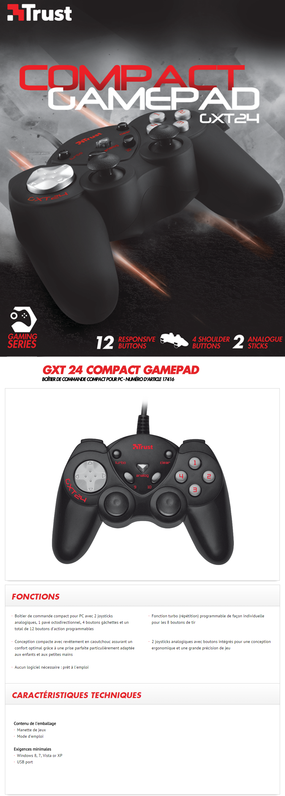 Acheter Gamepad GXT 24  Compact Trust avec mode Turbo fire pour les PC fixes et portables - USB Maroc