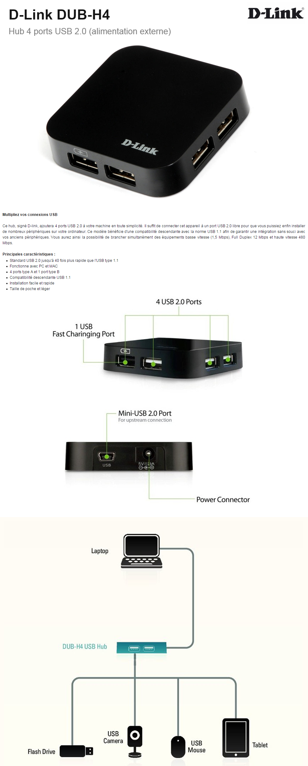 Acheter Hub D-Link 4 ports USB 2.0 (DUB-H4) Maroc