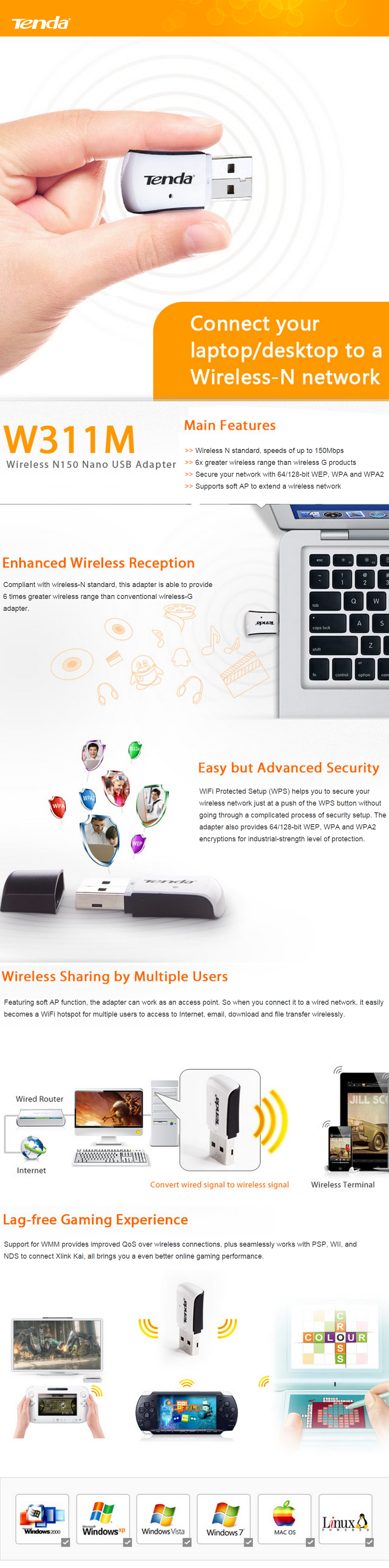 Acheter Adaptateur USB Wi-Fi Tenda Nano W311M Wireless N150 Maroc