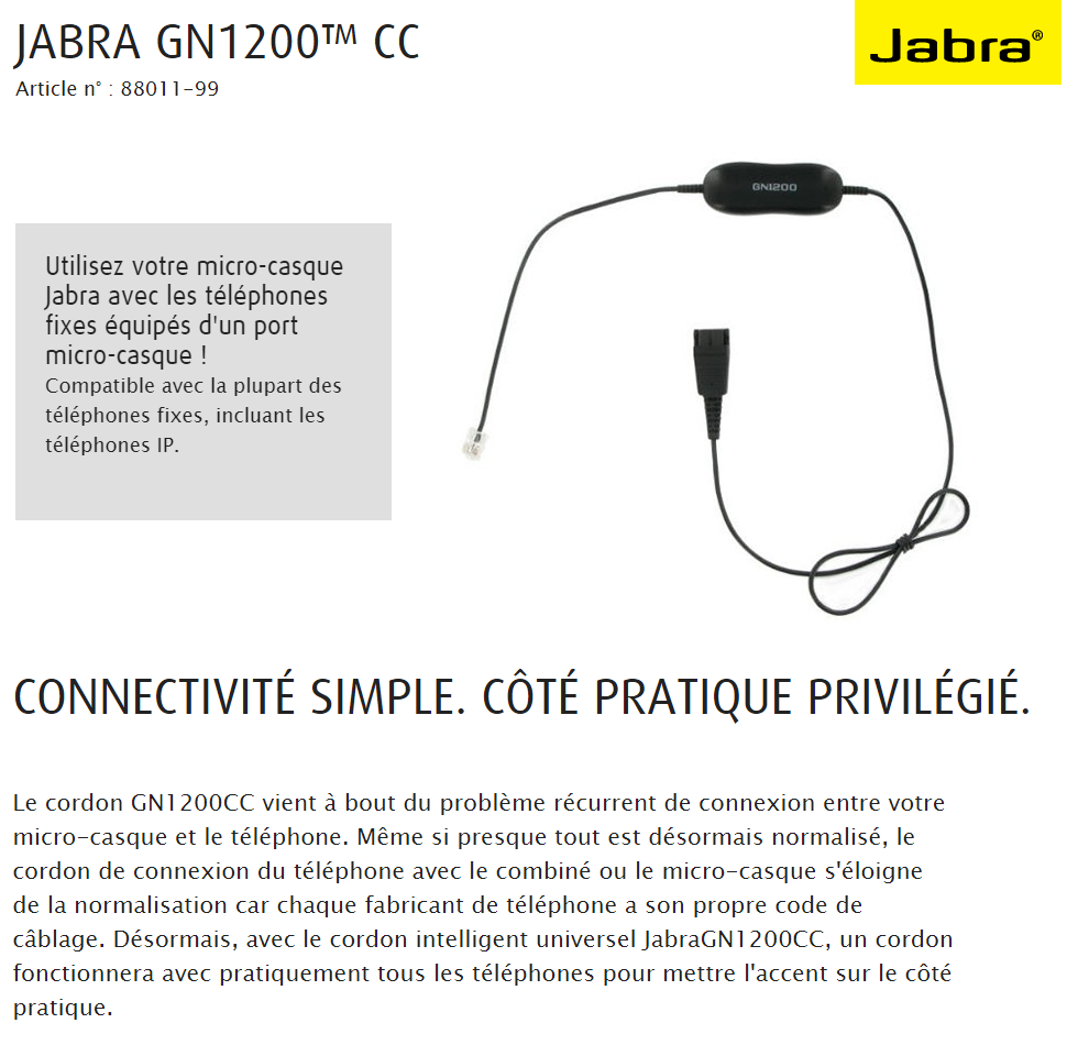 Acheter Cordon intelligent universel JabraGN1200CC pour les téléphones fixes Maroc