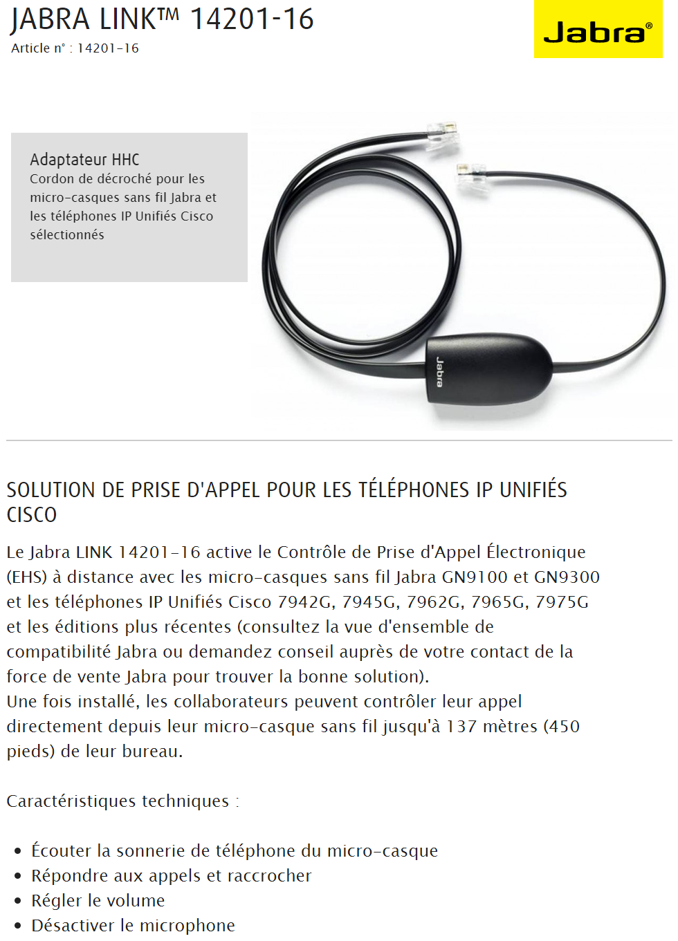 Acheter Cordon de décroché Jabra Link HHC pour les téléphones IP Unifiés Cisco Maroc