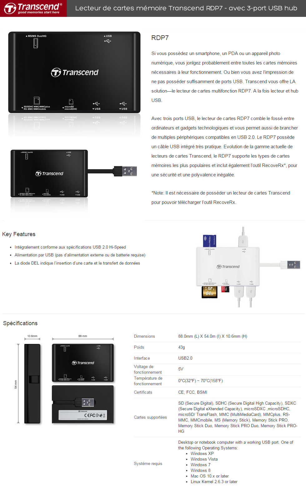 Acheter Lecteur de cartes mémoire Transcend RDP7 - avec 3-port USB hub (USB 2.0) Maroc