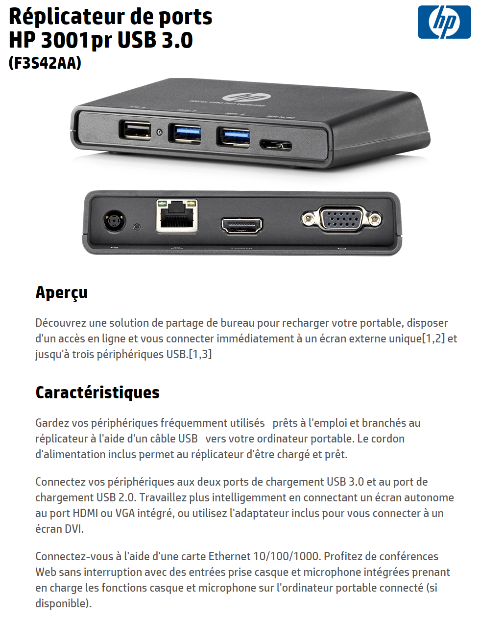 Acheter Réplicateur de ports HP 3001pr USB 3.0 (F3S42AA) Maroc