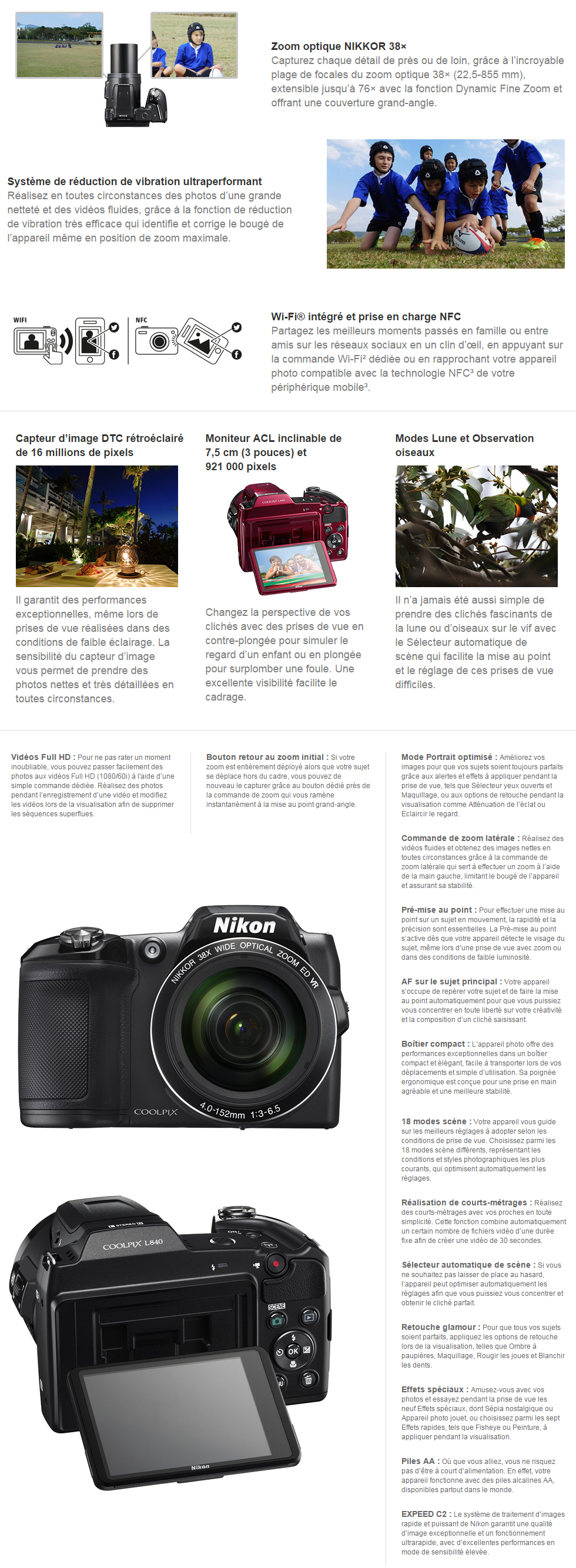 Acheter Appareil photo Nikon COOLPIX L840 Noir - 16MP/ 38X + Étui et Carte SDHC 8GB Offertes Maroc