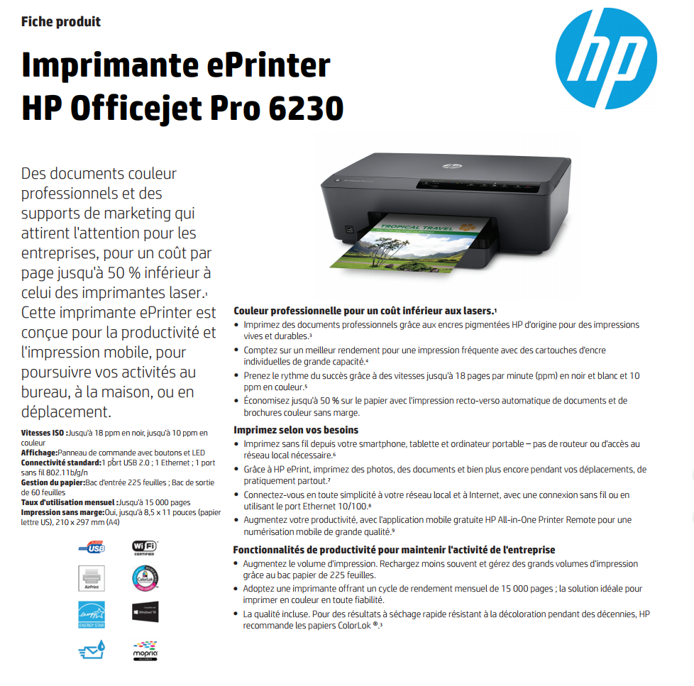 Imprimante Jet d'encre HP Officejet Pro 6230 (E3E03A) prix Maroc