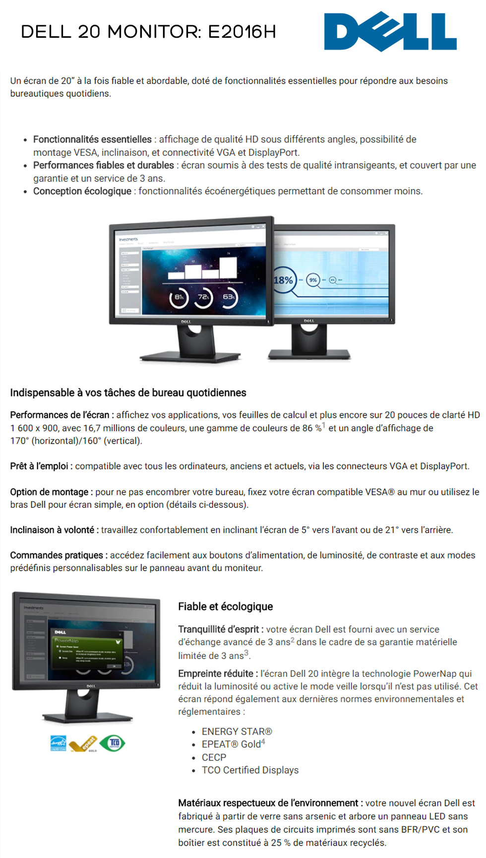 Acheter Écran 19,5" HD+ Dell E2016H (DLE2016H-3Y) Maroc